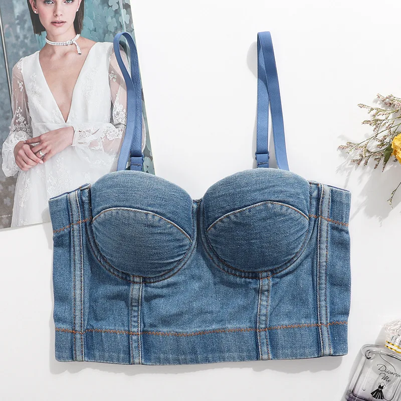 

SsTss Retro Style Blue Jeans Push Up Bustier Bra Women Fashion Summer Adjustable Strap Fishbone Skinny Sexy Party Club Crop Tops