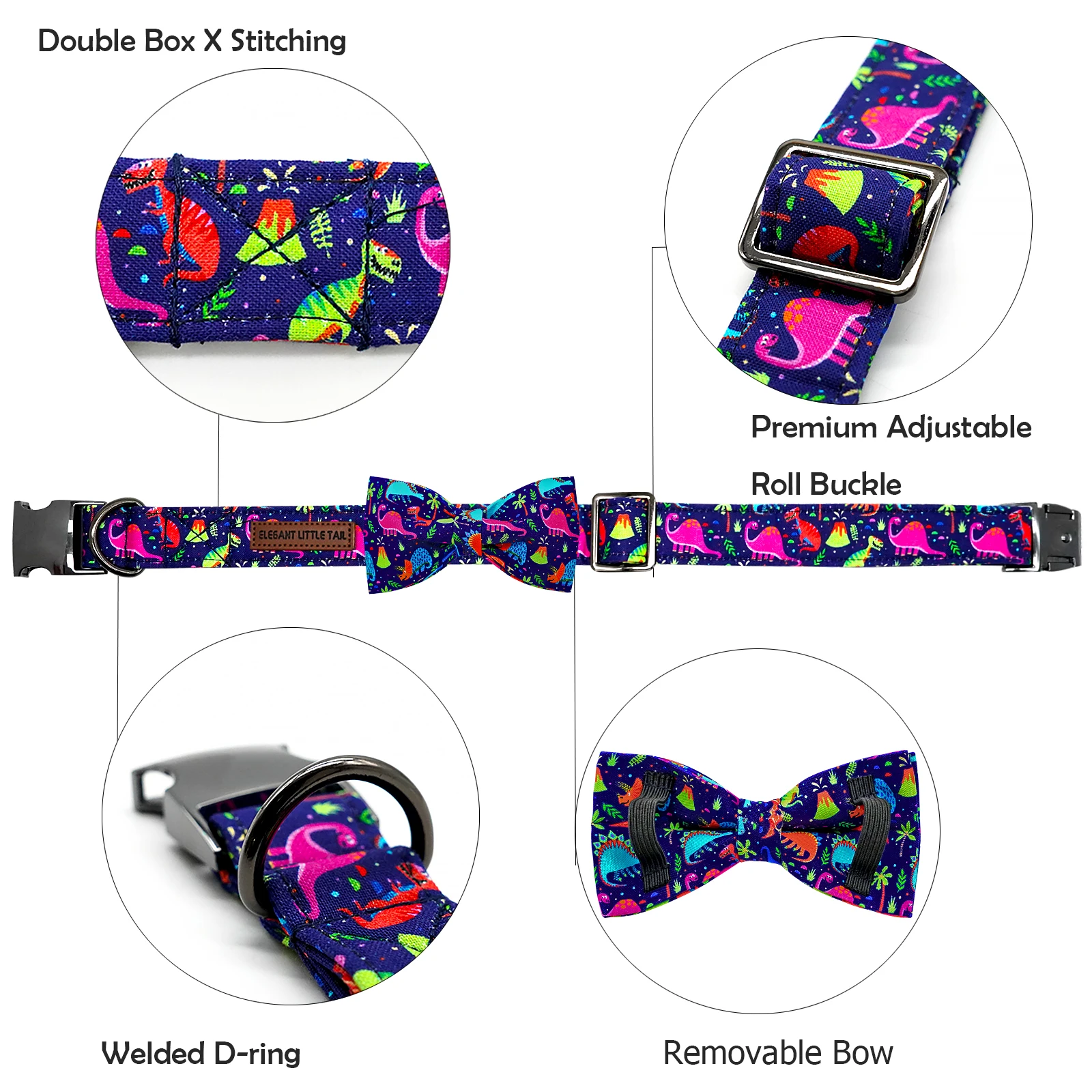 Dog Collar Blue Dog Bow Collar Boy Dog Collars with Bow Adjustable Dinosaur Bowtie Collar for Large Dogs Pet Gift