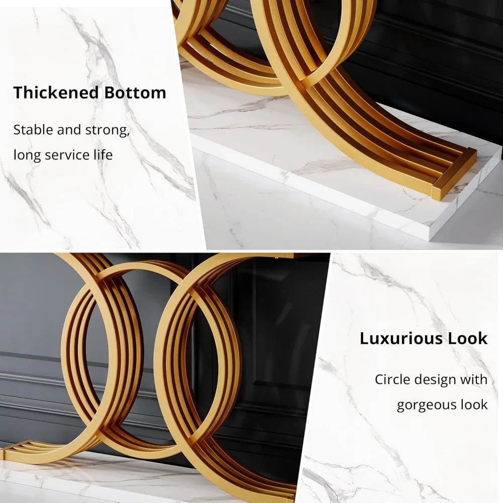 طاولة مدخل ذهبية مقاس 55 بوصة، طاولة وحدة تحكم حديثة من الرخام الصناعي مع أرجل معدنية دائرية، طاولة ضيقة خلف أريكة الأريكة للمعيشة