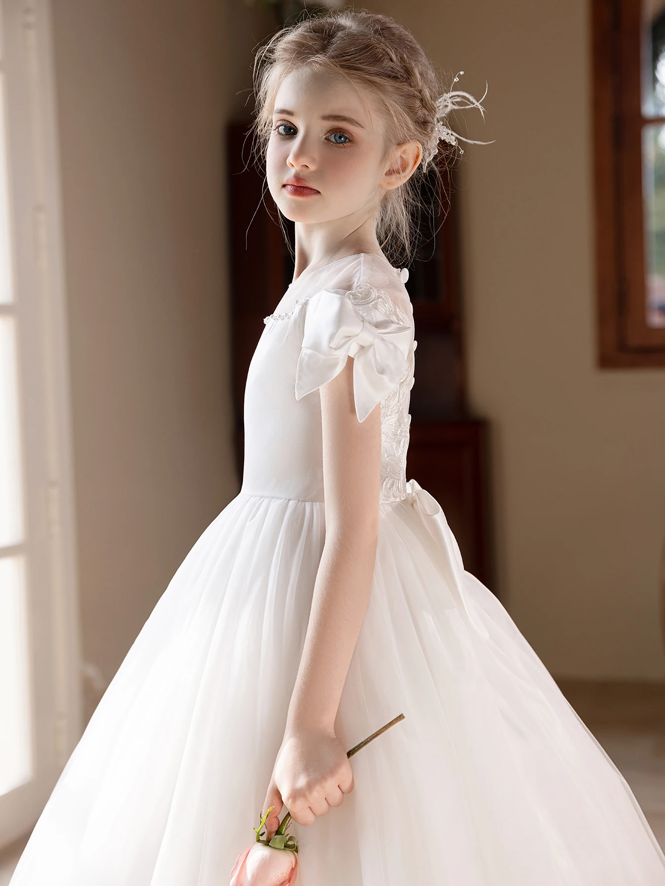 Teenage Girl White Wedding Dress Birthday Party Fluffy Gauze Dress Wedding Dress Big Bow Bridesmaid Dress view 4
