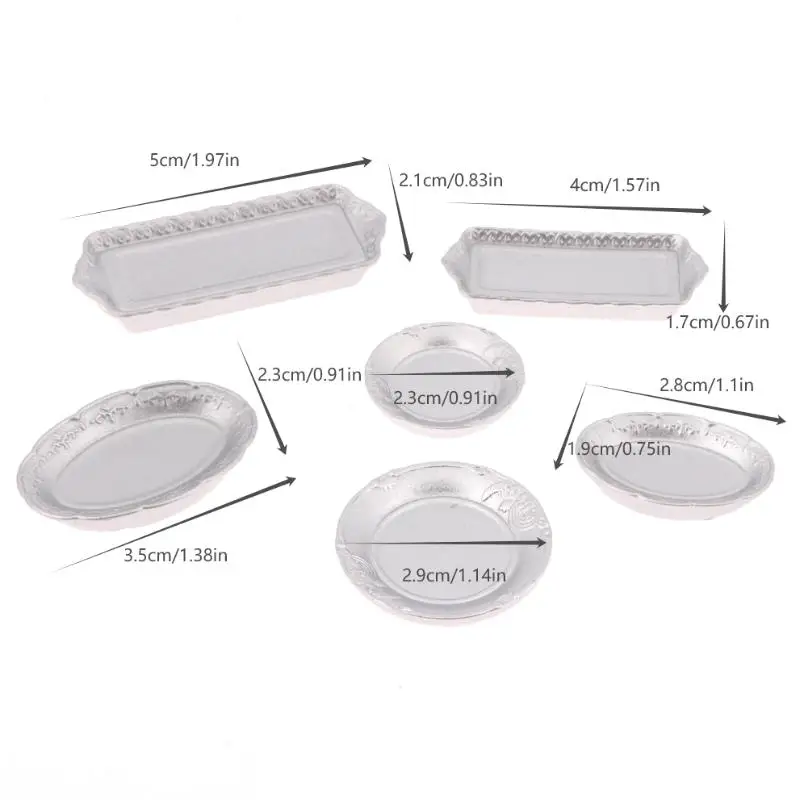 Plato de cena plateado para casa de muñecas, modelo de bandeja de comida, vajilla de cocina, decoración, accesorios para casa de muñecas, 6 uds., 1/12
