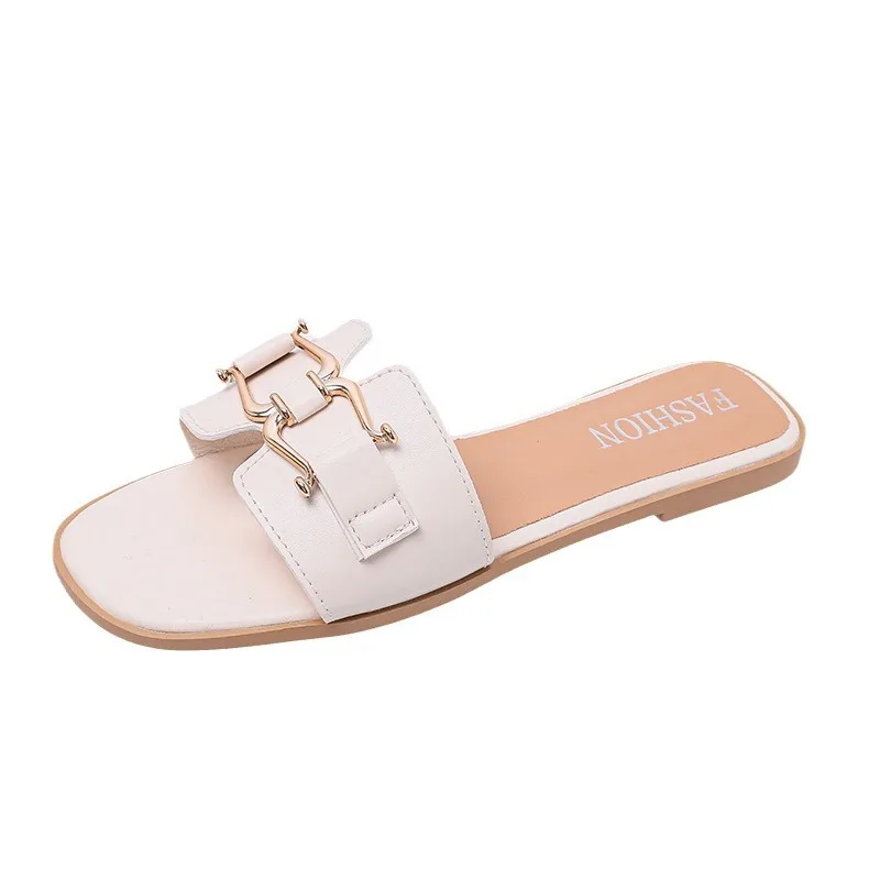 2024European and American Style Summer Fashion Out Flip-flops Flat Leisure Horse with Buckle Temperament One Line Slippers Woman