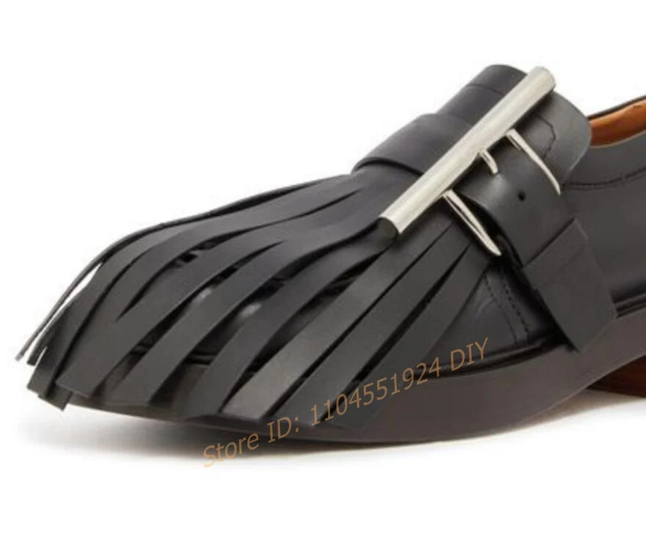 T-Bar هامش متعطل بني داكن جلد أسود للرجال أحذية مخططة شرابة معدنية عصا مشبك الربيع أحذية أوكسفورد الرياضية #3