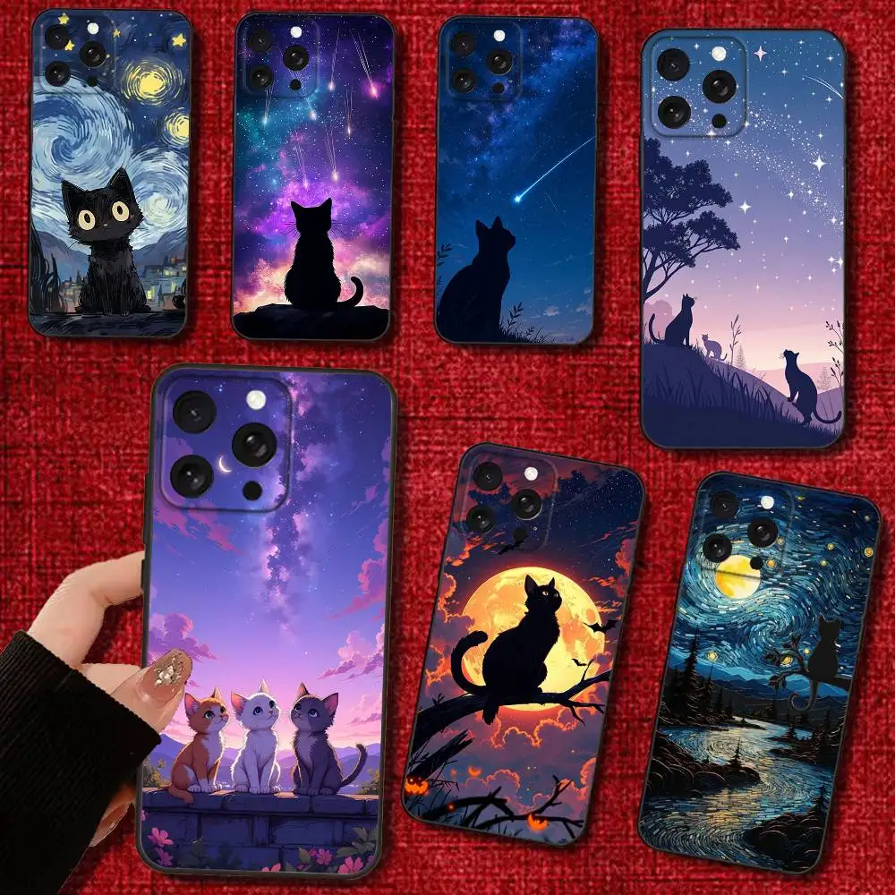 

Starry Sky Cat Pattern Phone Case For iPhone 16e,16,15,14,13,12,11,Pro,X,XS,Max,XR,Plus,Mini Soft Black Cover