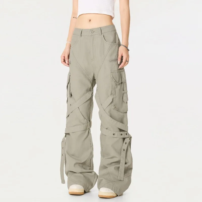 

OR FL Mummy Binding Strap 100 Cotton Women Cargo Trousers Trendy Brand High Street Women's Niche Wide Leg Pants Y2k Micro Slacks