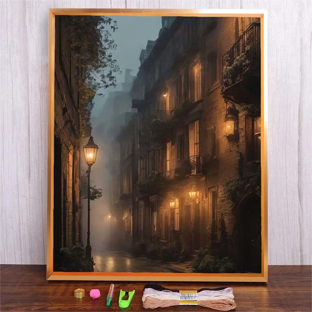 

New Arrivals DIY Embroidery Supplies Night Town View Printed Canvas Cotton Thread Cross Stitch Kit Art Wall Decor Living Room