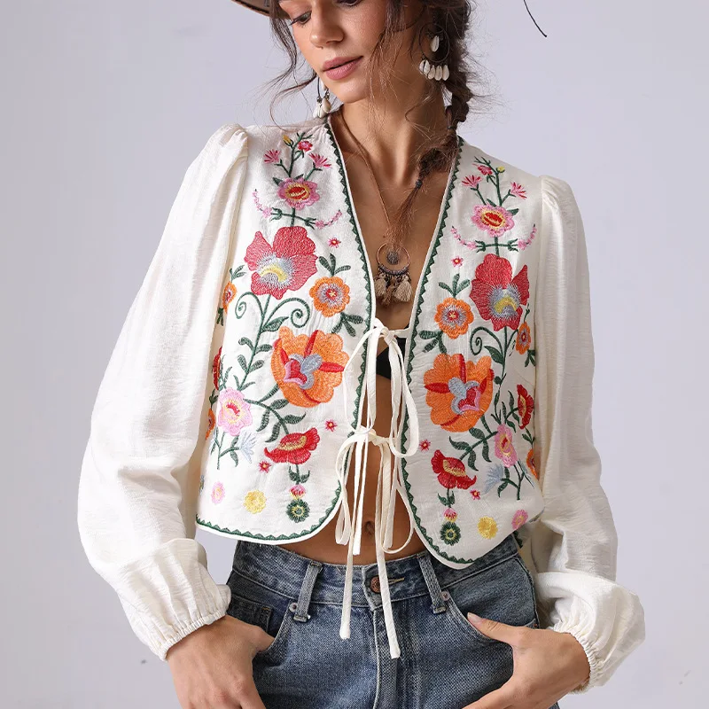 

Vintage Retro French Flower Embroidery Shirt Blouse Women Beige Spring Summer Tie Lace Up Long Sleeve Vocation Sexy Ladies Tops