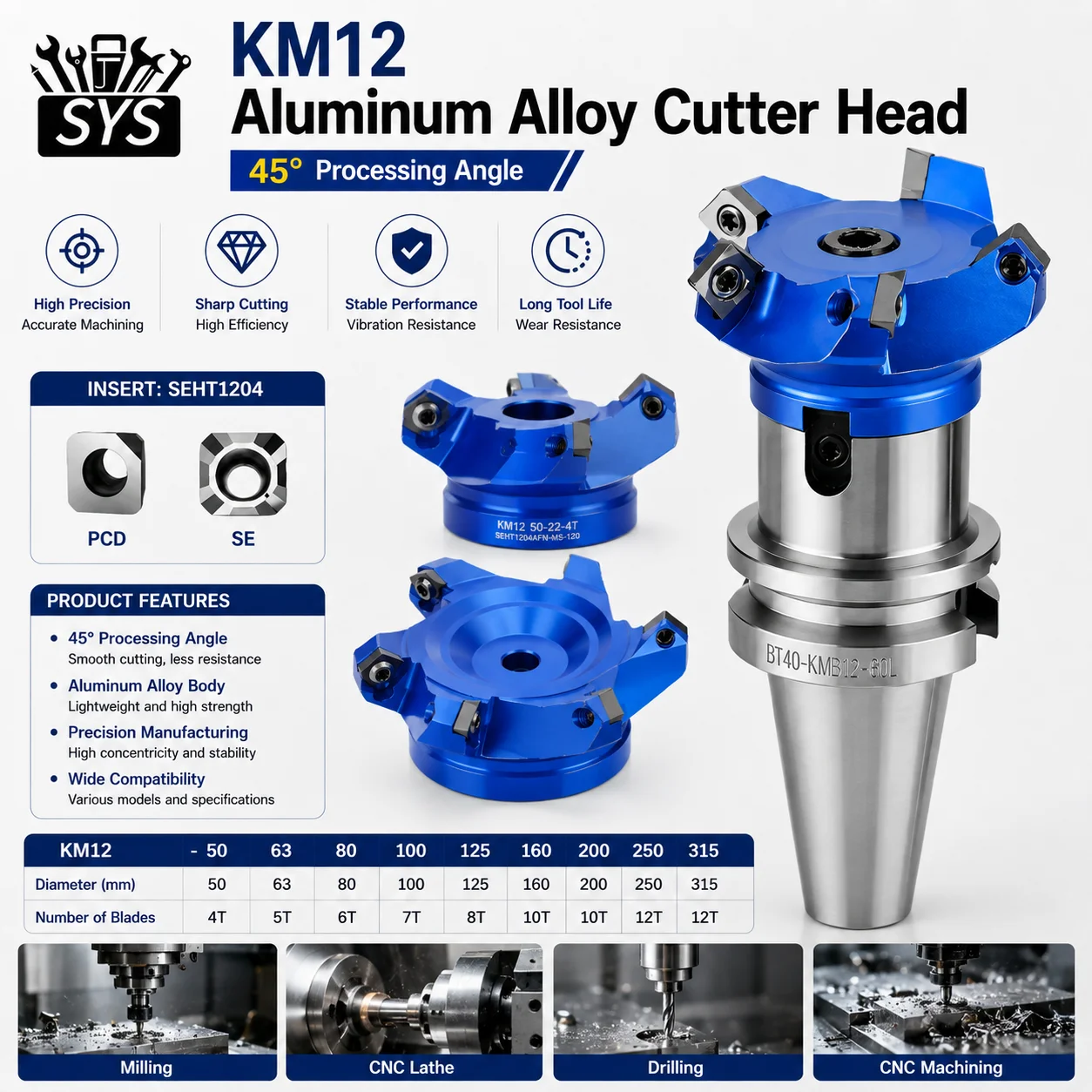 SYS KM12 50 63 SE12 Aluminum Milling Cutter Head Matched and Inserted SEHT1204 Matching FMB FMB22 FMB27 Tool Holder Bracket Tool