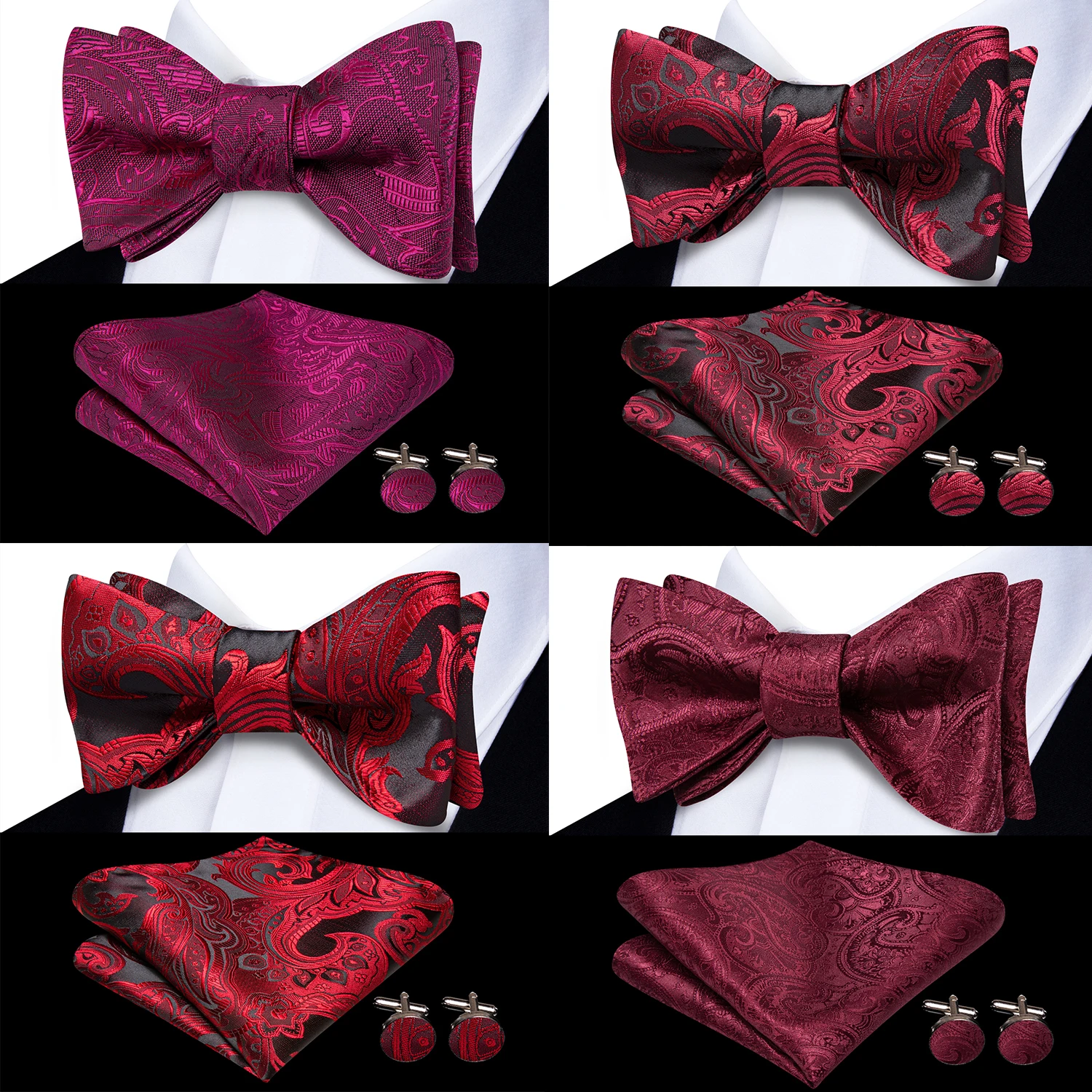 مرحبا التعادل الأحمر بيزلي رجل ربطة المنديل أزرار أكمام مجموعة ربطة القوس فيونكة Cravat للذكور الجاكار الرجال الزفاف هدية الأعمال