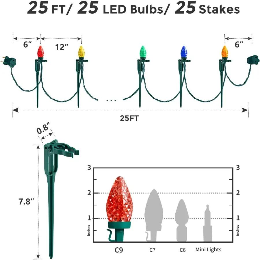 C9 Christmas Pathway Lights 25FT Outdoor Christmas Light with 25 Stakes 25 Multicolored LED Bulbs Connetable String Lights for