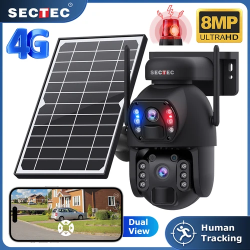Cámara Solar SECTEC 8MP lente Dual 4G/WiFi cámara de seguridad PTZ exterior PIR detección humana visión nocturna en Color