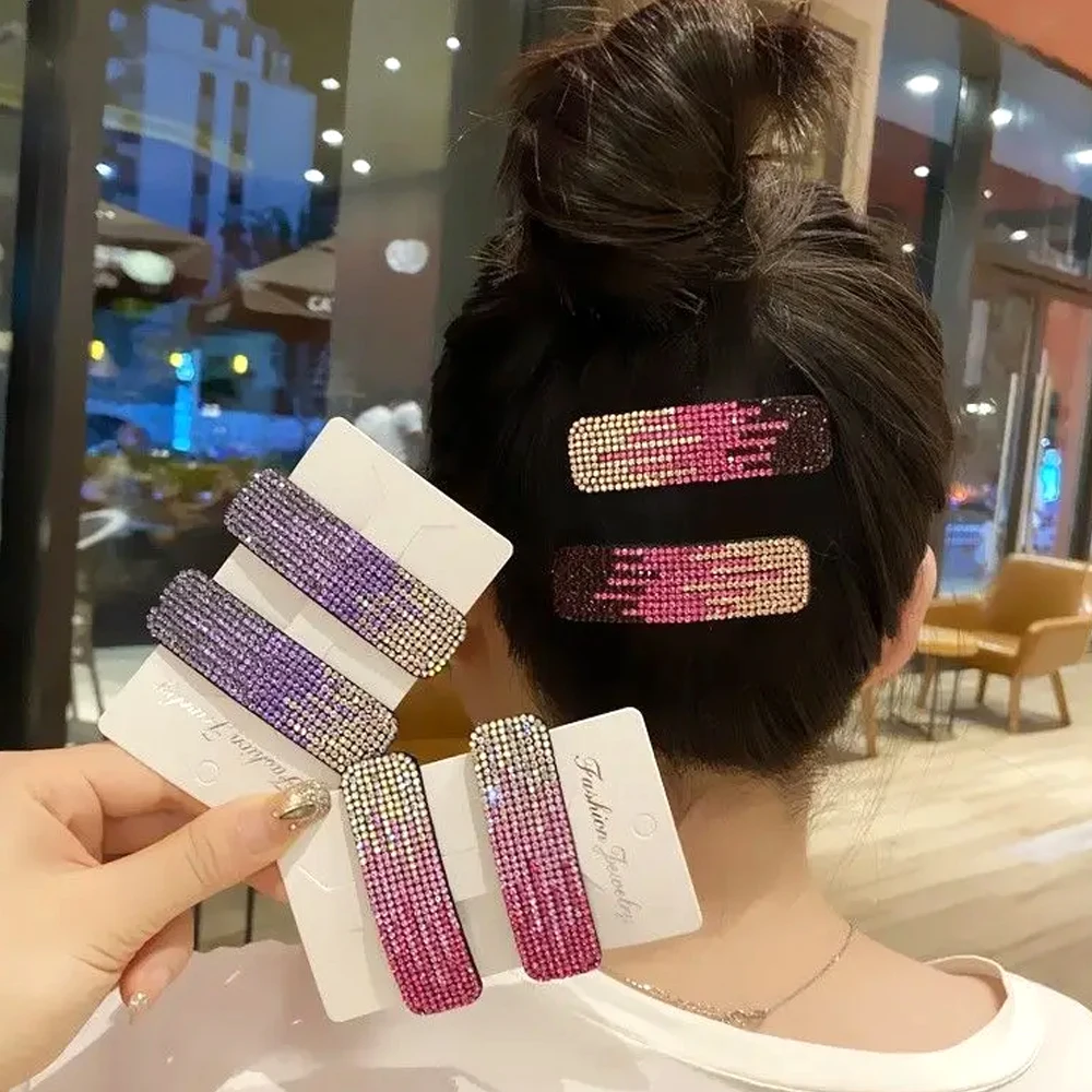 Pinza para el pelo con diamantes de imitación brillantes, horquillas rectangulares de cristal de Color degradado para mujeres y niñas, horquillas con flequillo lateral