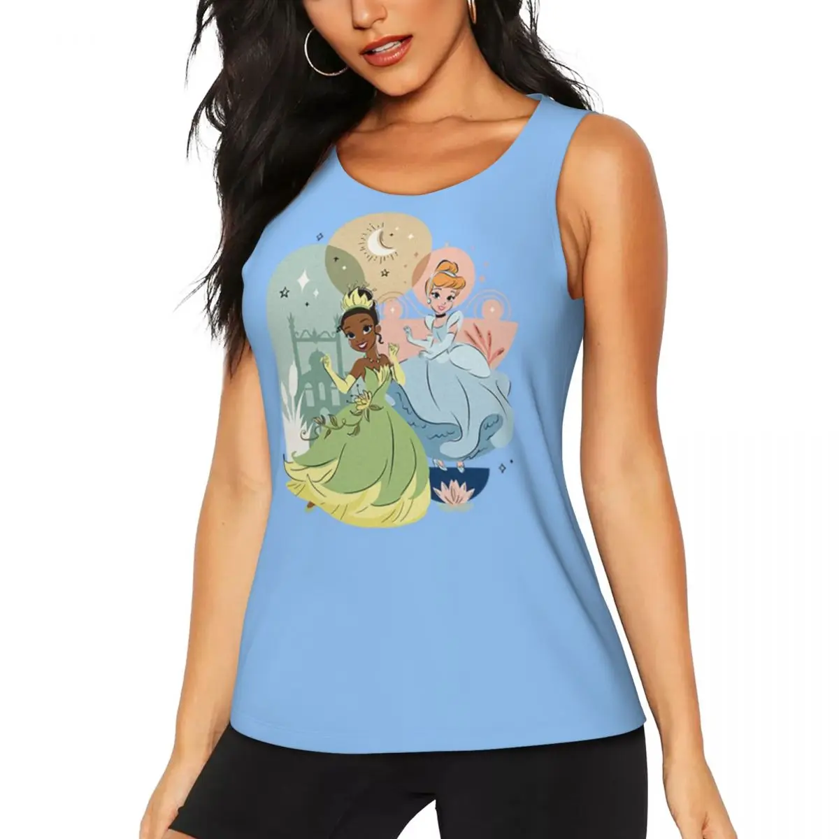 Custom Tiana And Cinderella Dance Workout Tank Tops Women Quick Dry Sleeveless Yoga Shirt