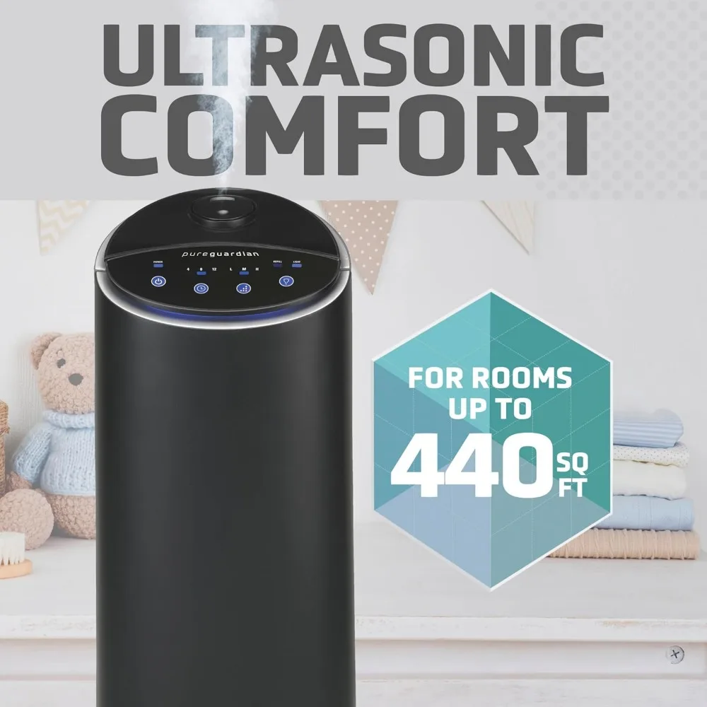 Ultrasonic Cool Mist Humidifier, 100 Hour Run Time, 1.5 Gallon Tank, 440 Sq. Ft. Coverage, Medium Rooms, Quiet,Filter Free,Black