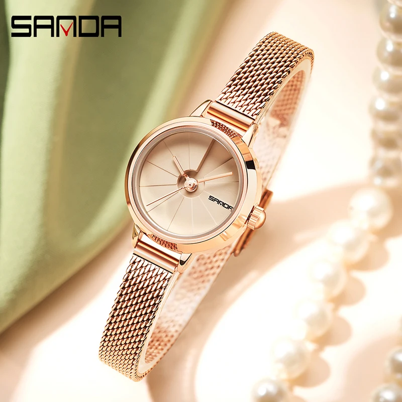 SANDA 1113 nuovo movimento al quarzo donne di alta qualità maglia in acciaio inossidabile oro rosa impermeabile orologi da donna in pelle Dropshipping