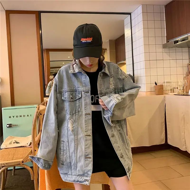 New Korean Style Denim Jackets Women Solid Color Ripped Outerwear Office Lady Oversized Female Vintage Large Size 4XL Loose Coat