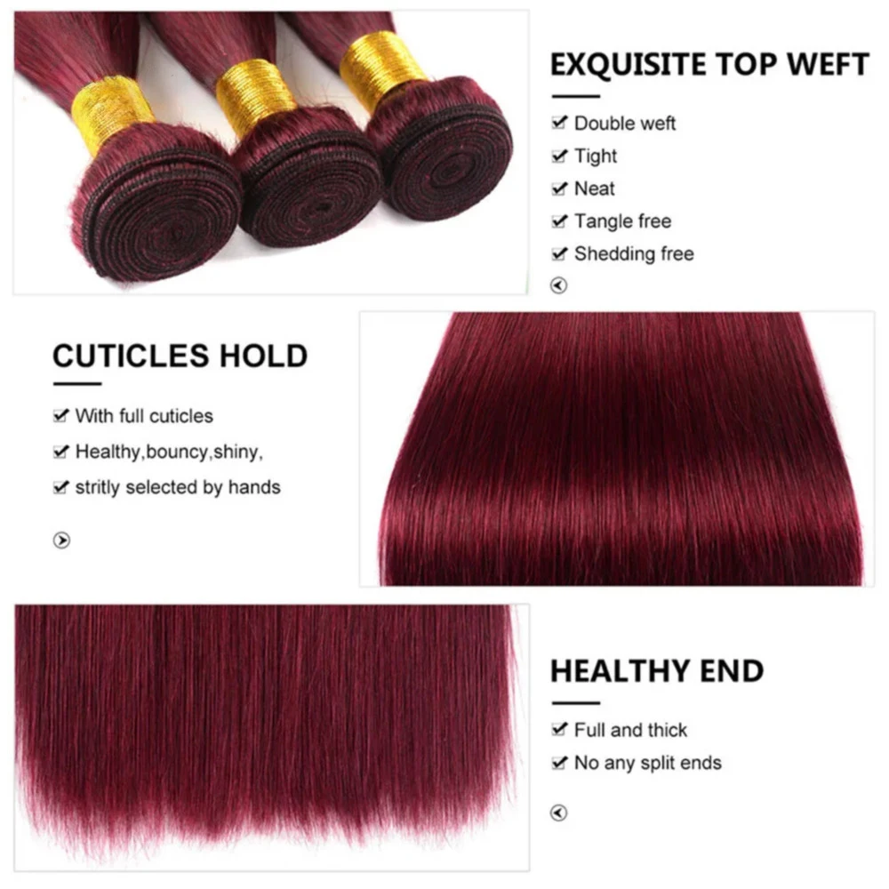 Mèches Brésiliennes Naturelles Remy Lisses Rouge 99j, Double Trame, Extensions de Tête Complète, 22 24 26