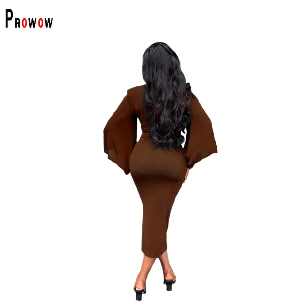 Prowow elegante Frauen Maxi kleid V-Ausschnitt Slim Fit lange Fledermaus Ärmel Bodycon Outfit einfarbig Abend party Büro Dame Kleidung