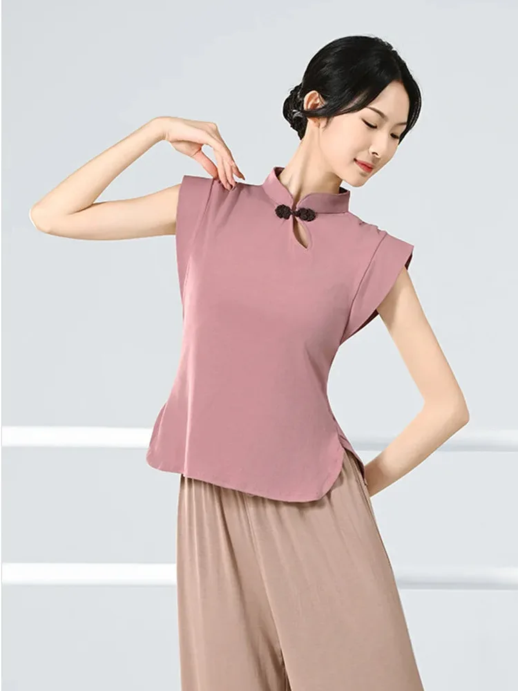 Solid Color Mandarin Collar Short Sleeve Slim Fit Dance Top for Women, Ballet Stage Practice Modern Performance Shirt