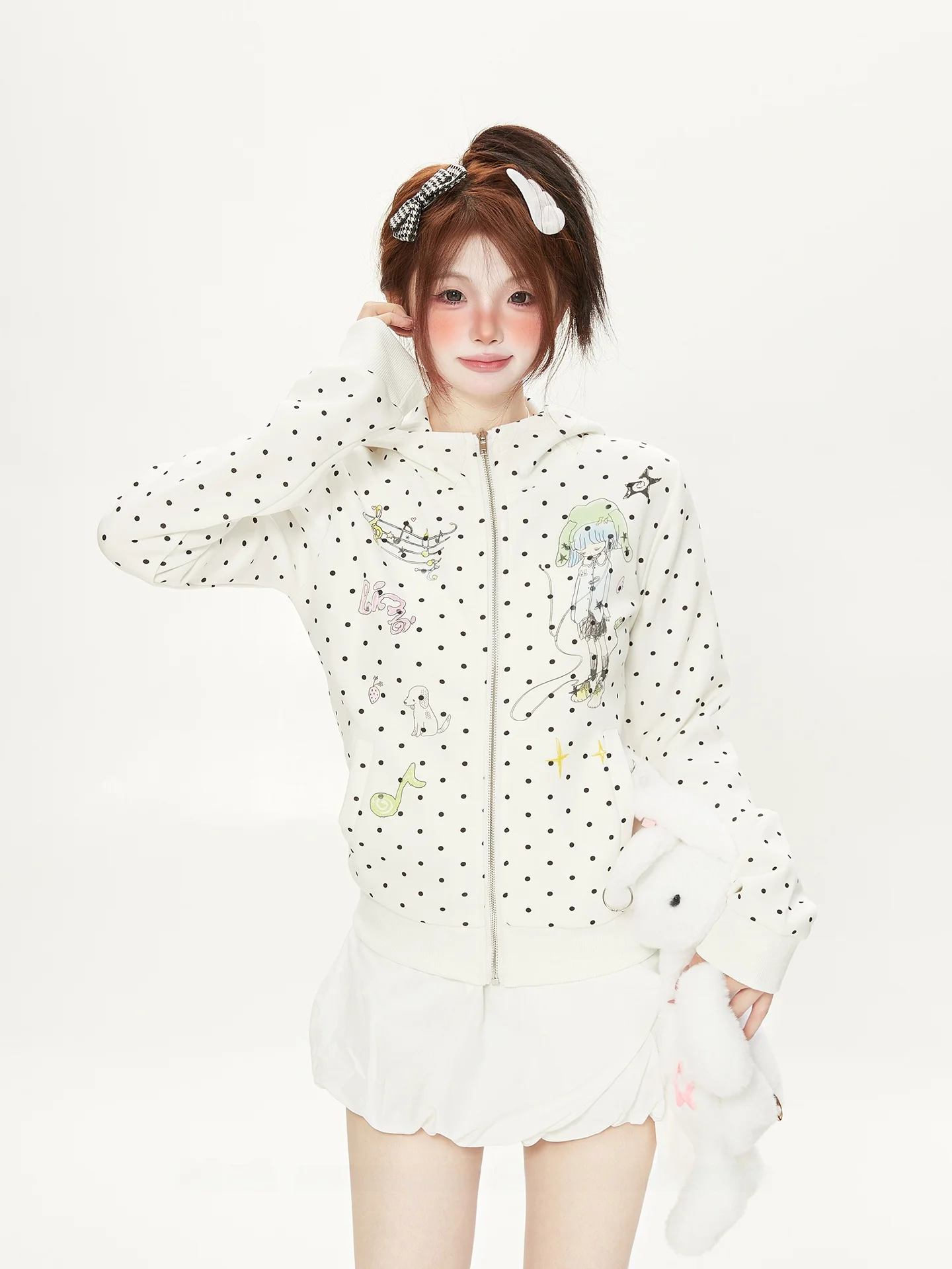 Slim Fit Cartoon Print Hoodie Short Coat Women's Thin Autumn Outerwear Small Size Polka Dot Cardigan Comfortable Street Style