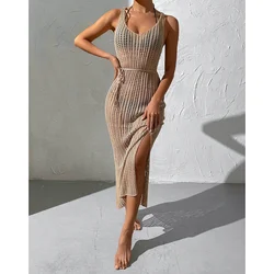 Nero dolce Sexy maglia trasparente senza spalline Hollow copricostume da spiaggia da donna Backless Bikini costume da bagno donna Mesh Beach Dress