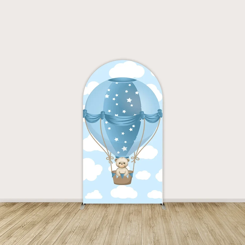 Mehofond Hot Air Balloon Baby Shower Arched Cover Backdrop Blue Clouds Newborn 1st Birthday Arch Wall Double-sided Background