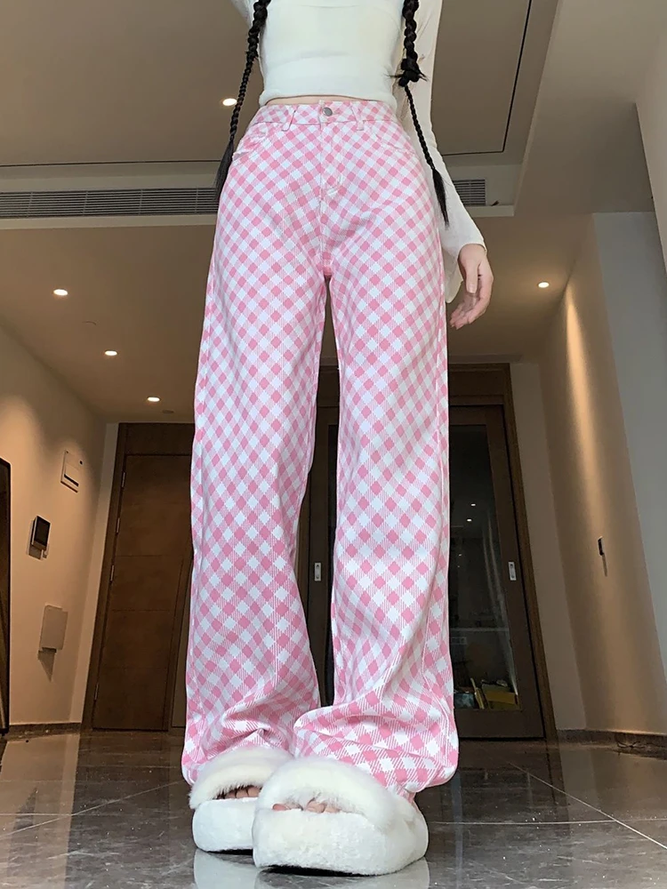 Jmprs Women Pink Plaid Pant High Waist Loose Vintage Korean Wide Leg Trousers Casual Pockets Sweet Female Retro Summer Pants New