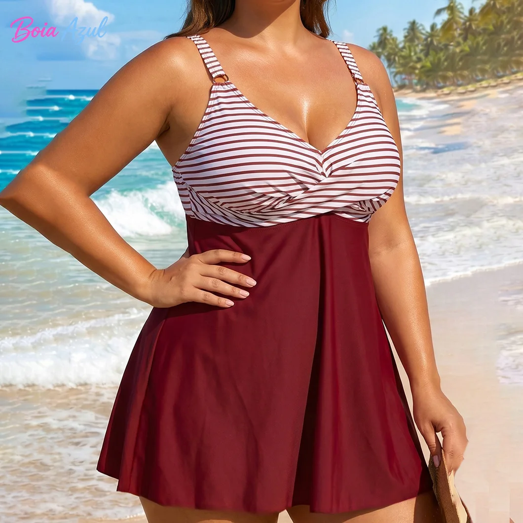 Big size color-blocked striped skirt-style swimsuit cross V-neck swimsuit with belly coverage for ladies sexy backless swimsuit view 2