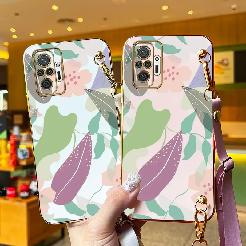 Colored Leaves Lanyard Plating Phone Case For Xiaomi Redmi Note 10Pro 10T 10S 10 11TPro 11Pro 11E 11S 11T 11 12 12Pro 12S Cover