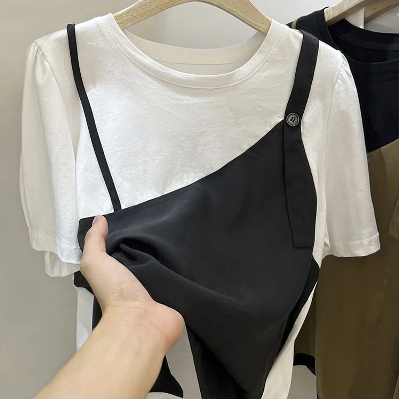 Summer New Loose Plus Size Fake Two Pieces T-Shirts Women Round Neck Short Sleeve Sling Tees Ladies Casual Asymmetrical Tops