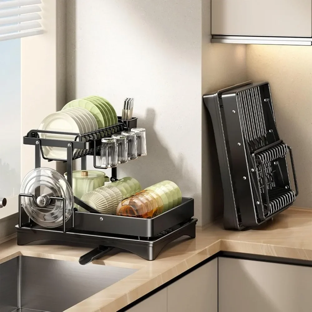 

Sink Cutlery Foldable Dish Drainer Rack with Drip Tray Cutlery Rack, Cup Holder, Chopping Board Bracket, Drain Rack