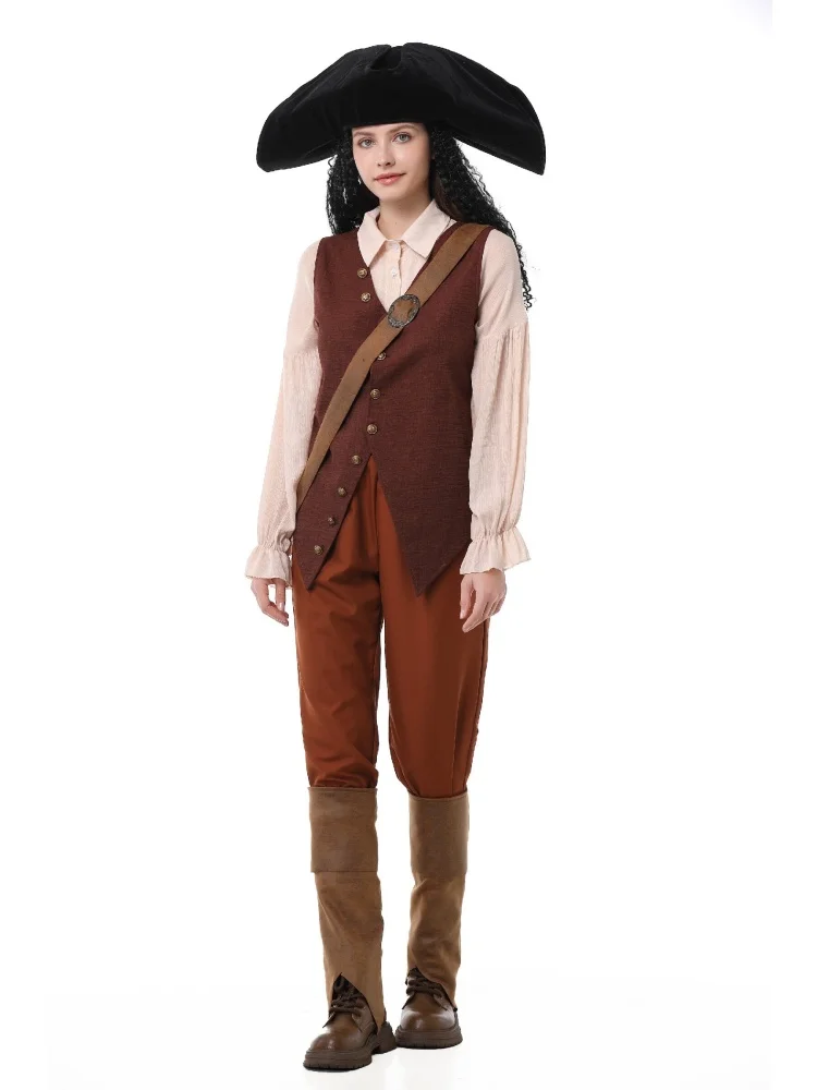 Erwachsenen-Vintage-Piratenkostüm, Gerüschte Bluse, Knopfweste, Schwarzer Dreispitz, Halloween-Bühnenauftritt, Ausgefallenes Outfit-Set – Detail 5