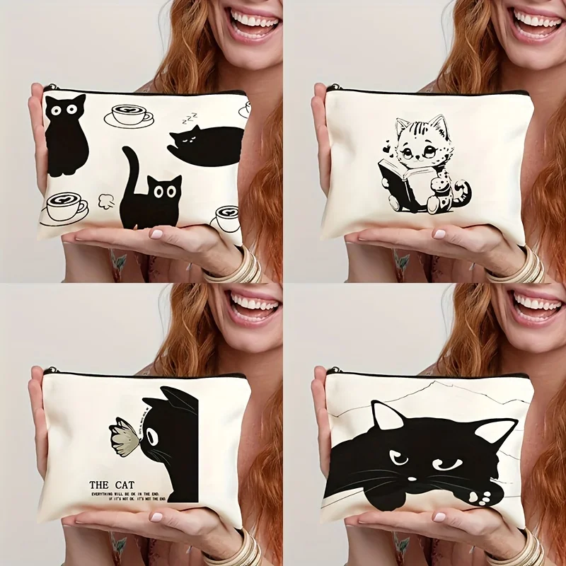 A Cute cat themed makeup bag - women's cute multifunctional zipper pouch, jewelry storage bag,