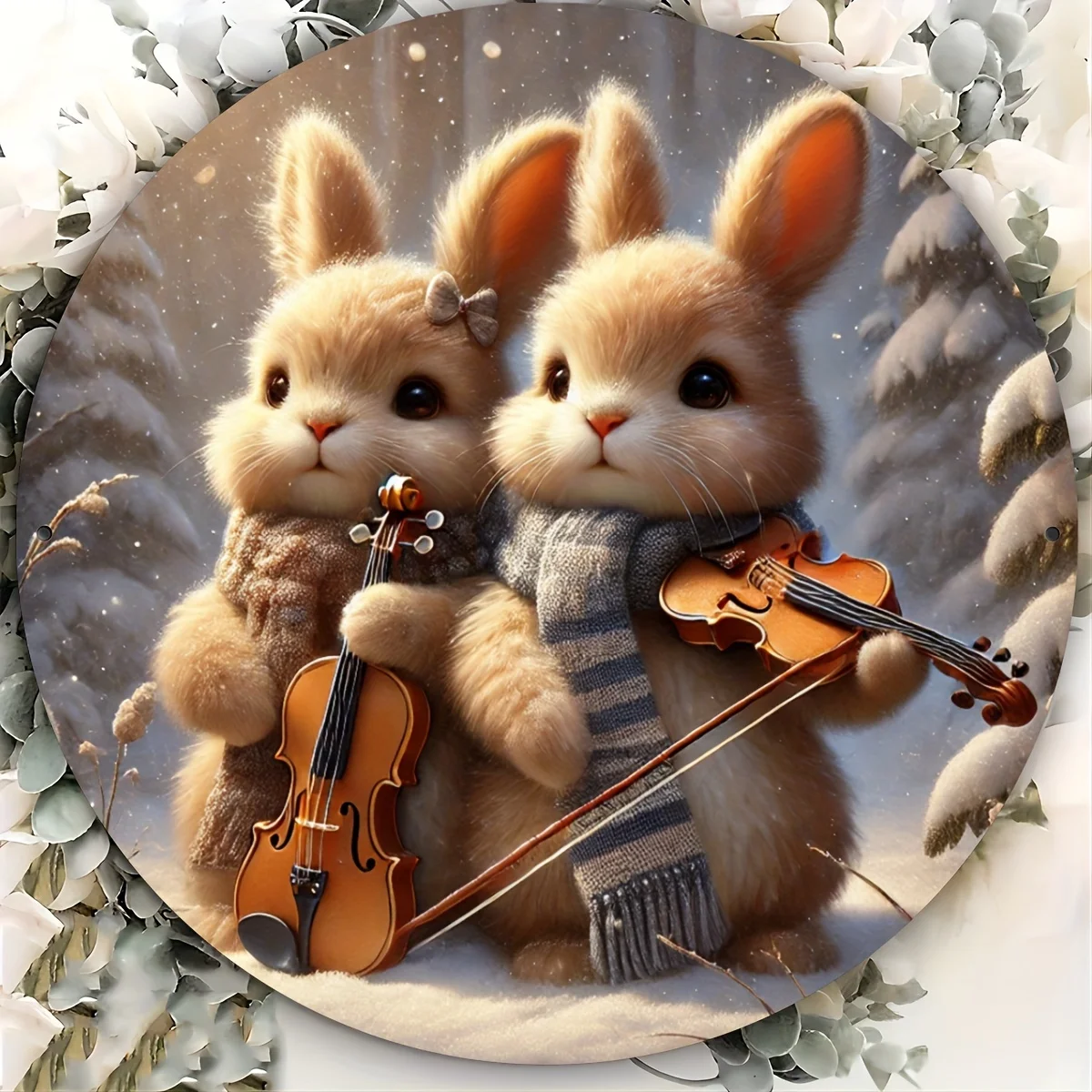 2D Flat, 1pc Rustic Iron Round Metal Sign - Charming Snowy Rabbit & Violin Winter Scene Wall Art, Door Decor for Farmhouse, Home