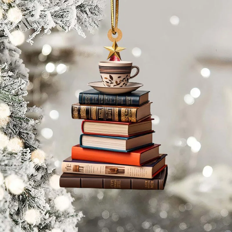 Christmas Tree Shaped Bookshelf Pendant Book Stacking Decoration Christmas Flower Wreath Acrylic Decoration 2025 New Year