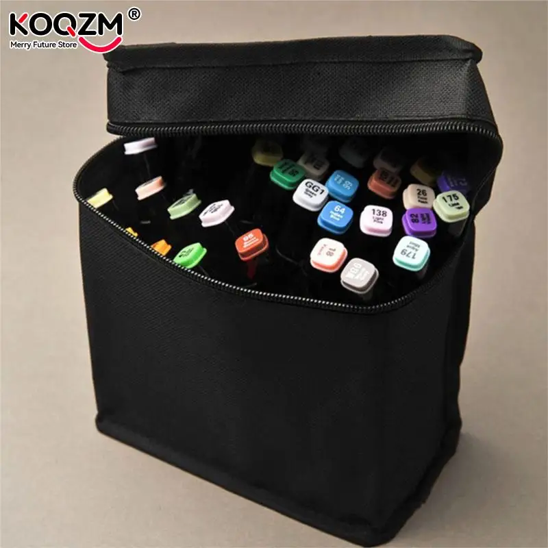 Marker Pen Storage Bag Large Capacity Zipper Black Folding Art Markers Zipper Canvas Storage Pencil Bag Hold 36/48/60/80Pcs