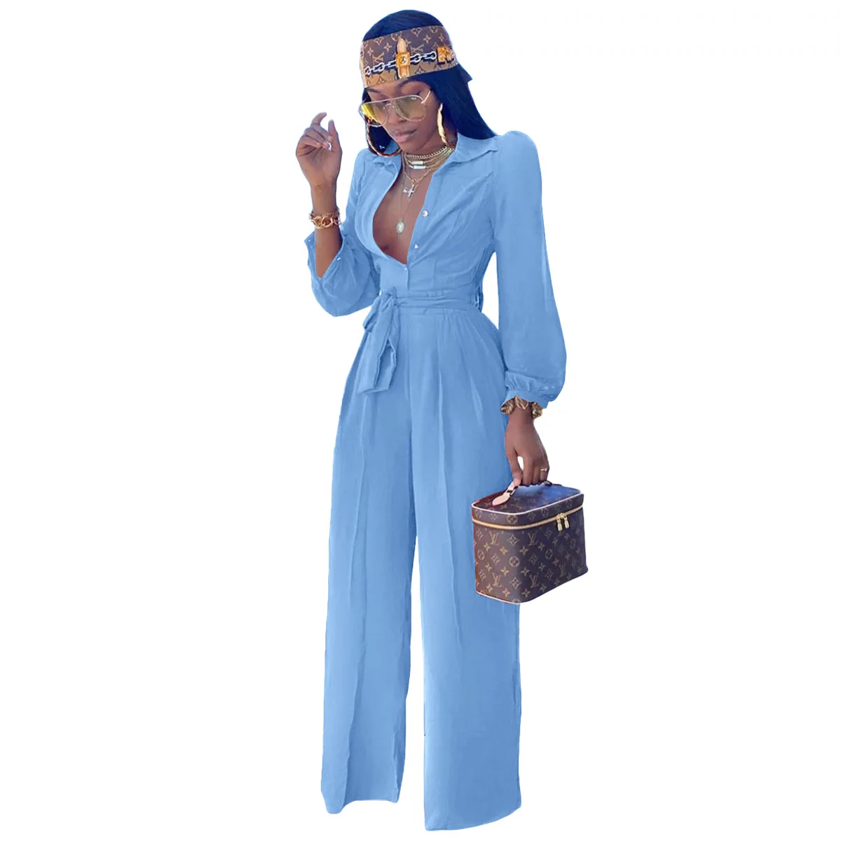 

Women's Elegant Wide Leg Jumpsuit Flowing Silhouette with Plunging Neckline and Adjustable Waist Versatile Outfit