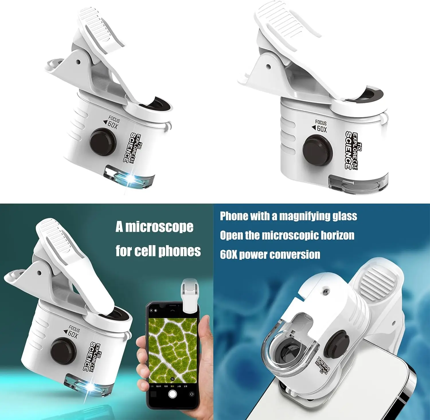 1pc 60X Mini Optical Microscope with Mobile Phone Clip for Observing Plants Currency Printing Handheld Portable Puzzle Toy Gifts