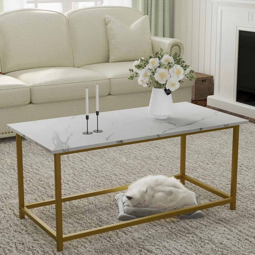 White Faux Marble Coffee Table Simple Modern Rectangular Coffee Tables Open Design Minimalist Center Table for Living Room Offi