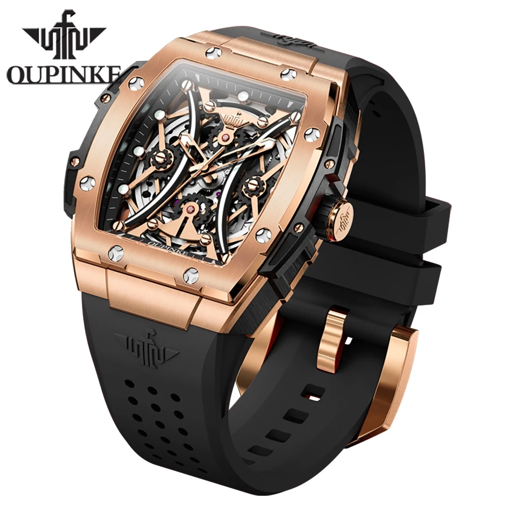 OUPINKE 3215 Men\'s Watches Top Luxury Skeleton Automatic Mechanical Wristwatch for Men Fashion Tonneau Silicone Strap Men Watch