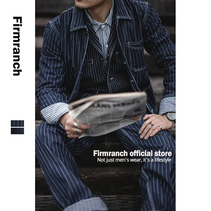 Firmranch Men High Quality Primary Color Denim jacket American Vintage Casual Wear Amekaji Retro Stripe Motorcycle Cargo Coat