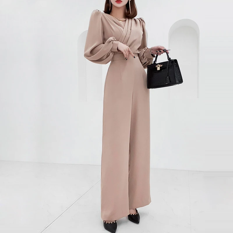 New Autumn Elegant Woman Jumpsuit Outfit Long Sleeve V Neck High Waist Slim Wide Leg Pants Rompers Playsuits Female Overalls