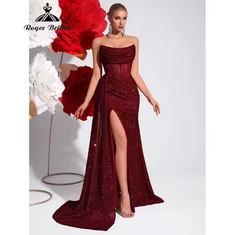 Luxury Red Shimmering Evening Dress 2026 Sequin Strapless Corset Prom Dress with High Slit &amp; Sweep Train Customized