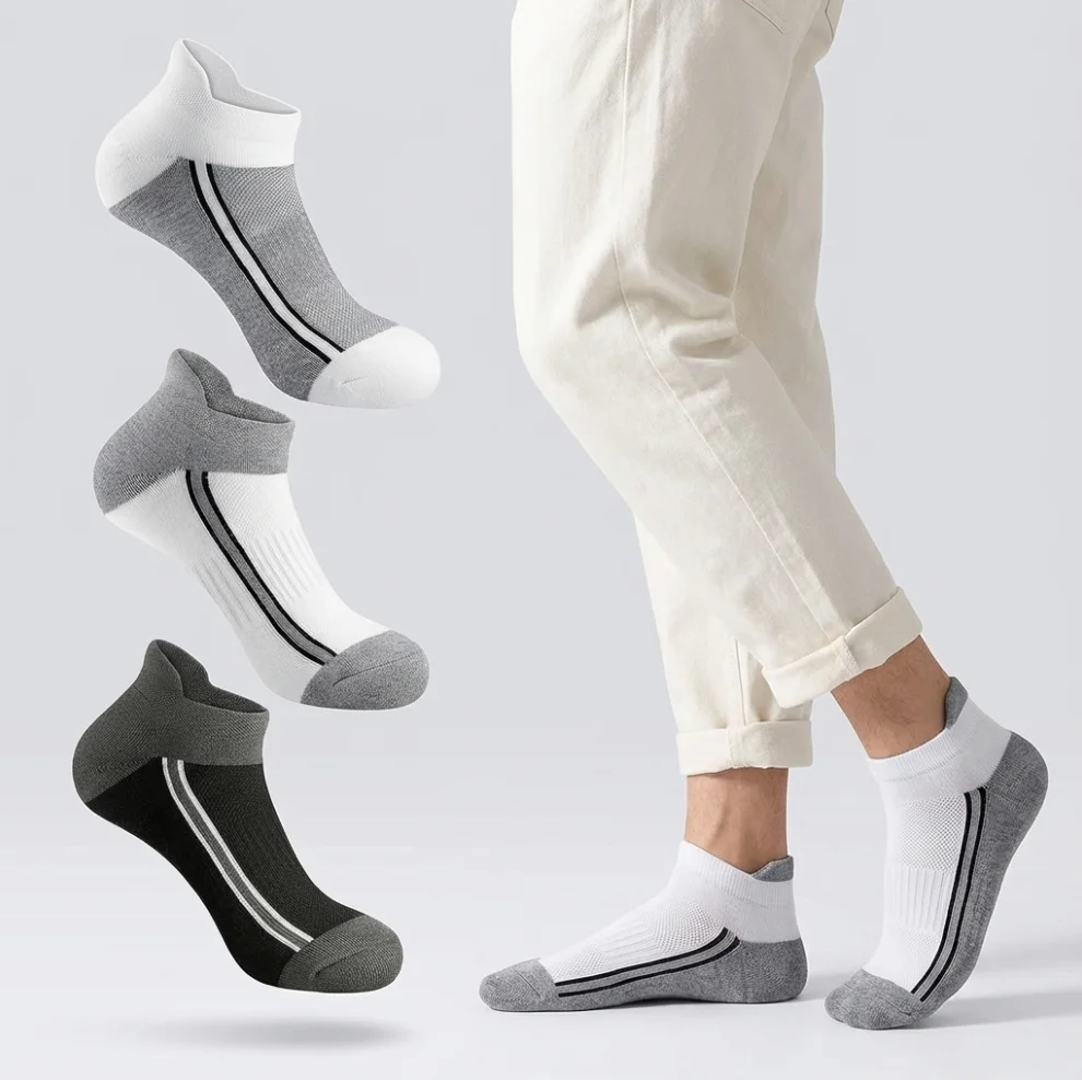3 Pairs Men's Performance Running Ankle Socks, Cushioned Terry Sole Breathable Socks, Moisture Wicking Low Cut Socks