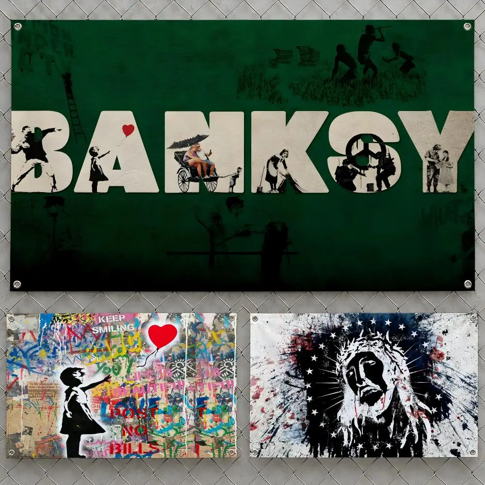 Art Banksy Girl with Balloon Stencil Flags Wall Hanging Flag Banners For Birthday Parties Outdoor Bedroom Dorm Room Decor