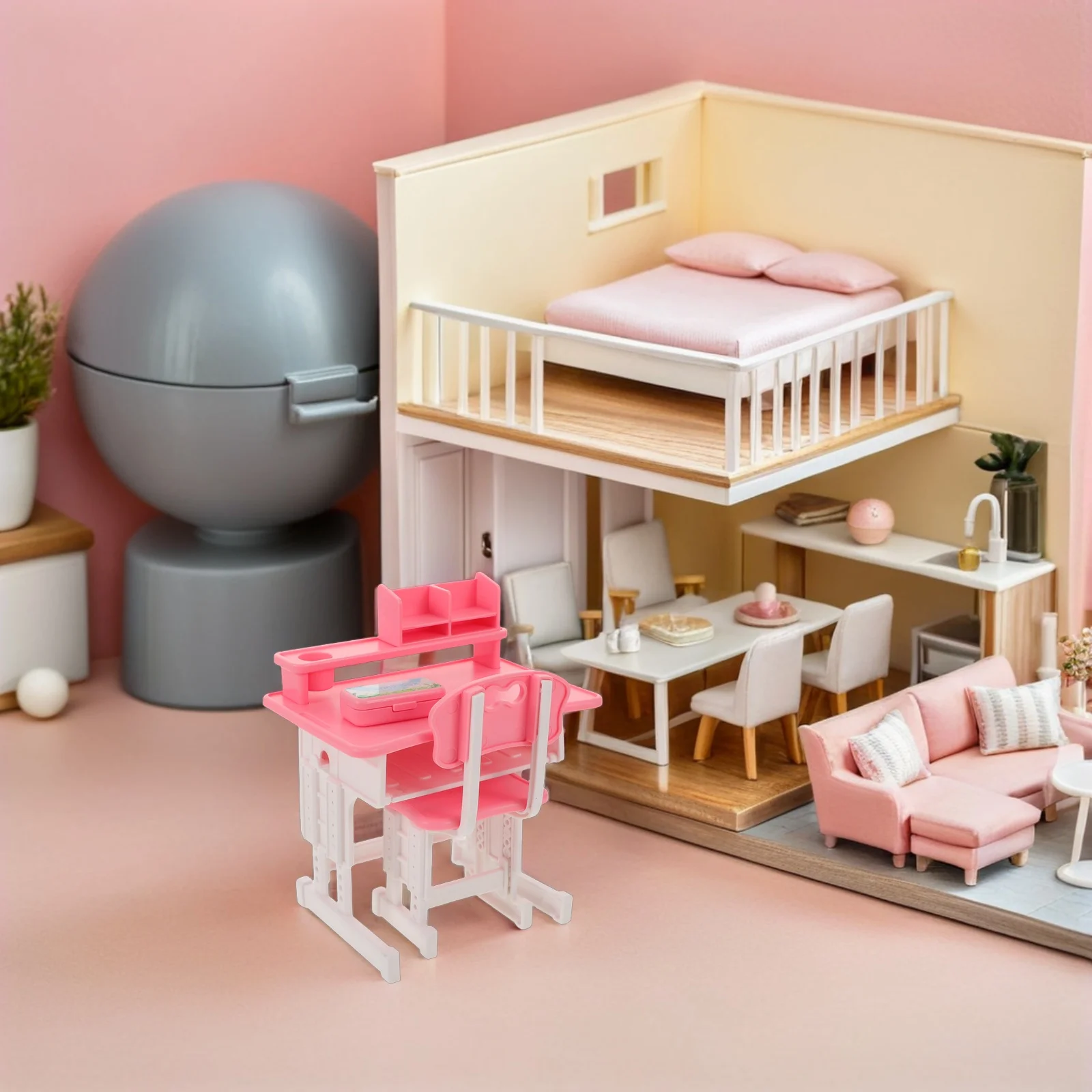 

1 set 1 Set Miniature School Desk Chair Set Realistic Learning Table Chairs For Kids Pretend Play Dollhouse Classroom Furniture