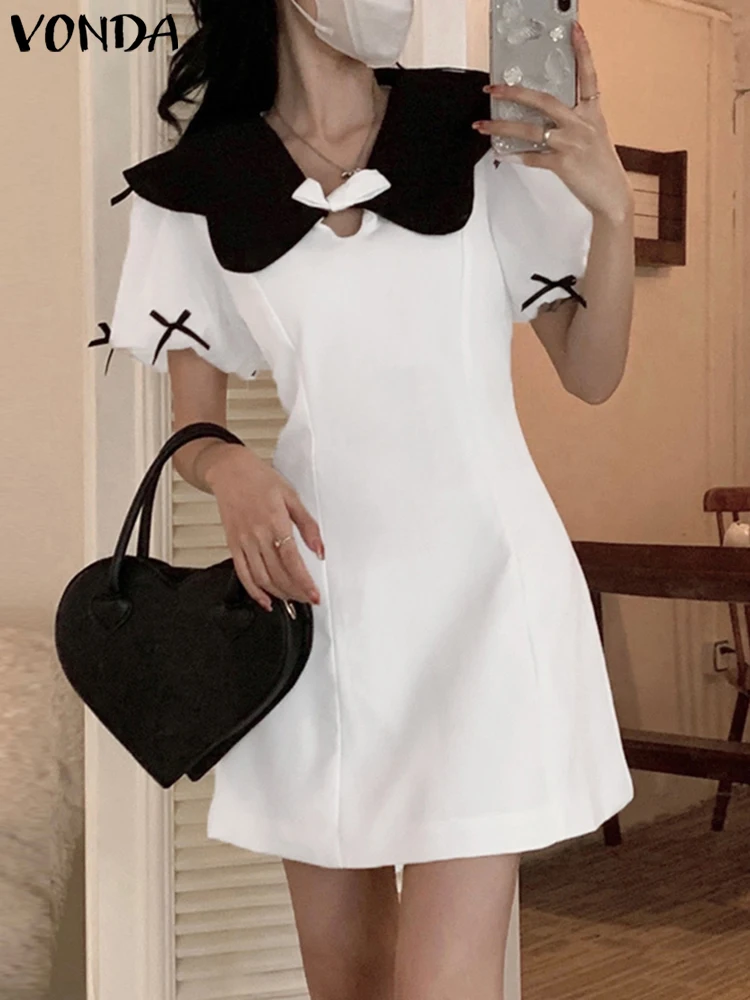 VONDA damska letnia sukienka jednokolorowa Sundress 2025 kobieta dorywczo kołnierzyk typu Peter-pan Vestidos luźna szata z krótkim rękawem A-Line
