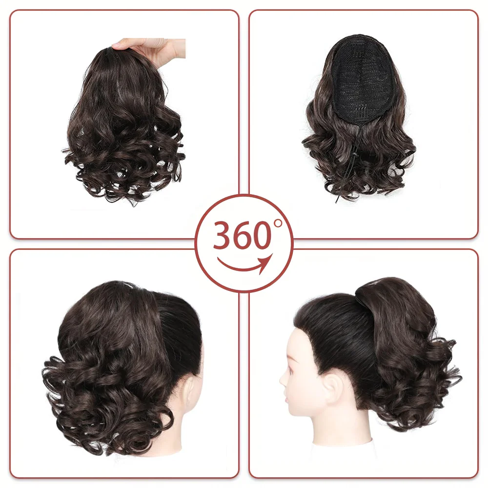 Short Synthetic curly Drawstring Ponytail extensions with Clip in Hairpieces for Women daily use that beginners friendly