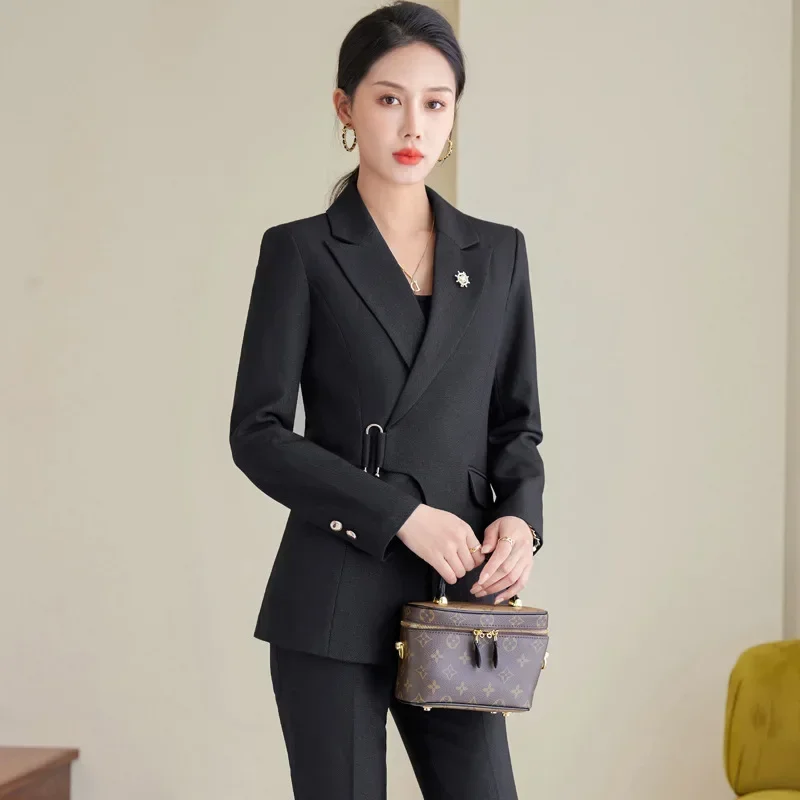 Setelan pakaian kantor wanita, jas biru Set 2 buah Blazer + celana wanita jaket musim semi kantor wanita bisnis pakaian kerja mantel pernikahan Tuxedo Dress Prom