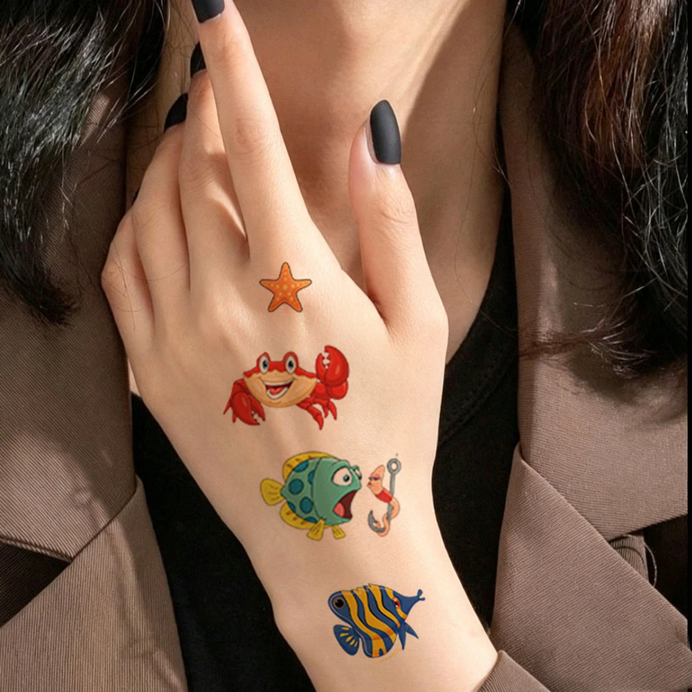 12 Sheets Ocean Theme Temporary Tattoos Starfish Whale Dolphin Crab Octopus Tattoo Stickers Cartoon Fake Tattoo for Women Men